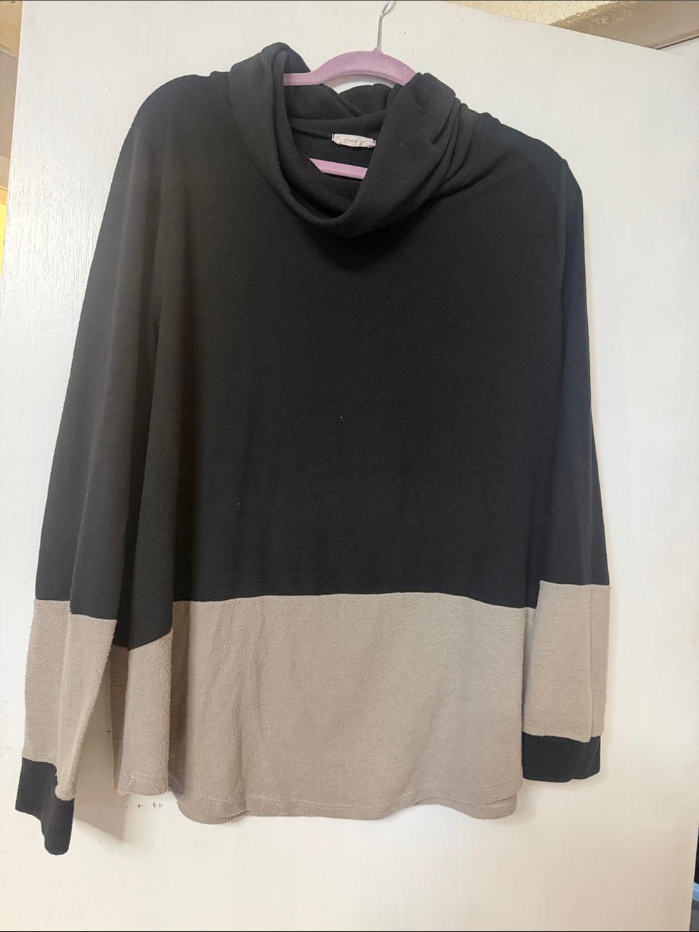 Chic Soul Black and Taupe Blocked Cowl Neck Pullover
